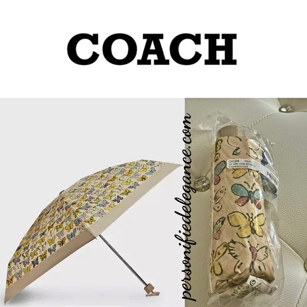 NEW Coach Butterfly Print Biscotti Multi UV Protection Mini Umbrella
